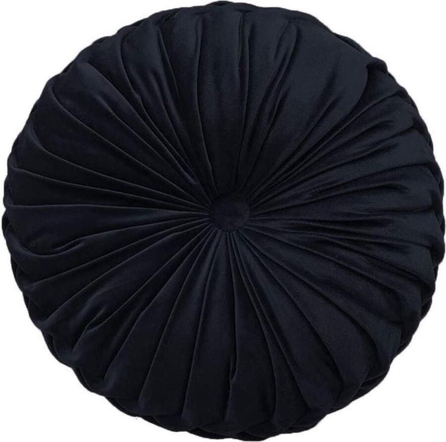 Inovra Rond Fluwelen Kussen voor Stoel en Vloer met Elegant Plisséontwerp in Zwart