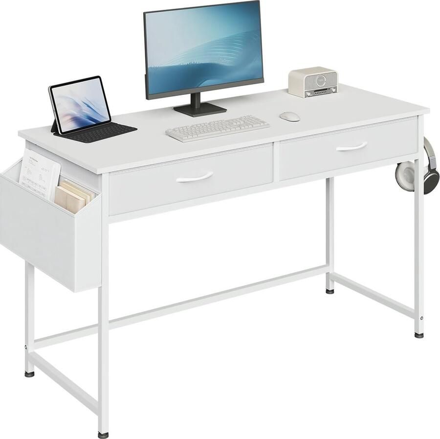 Inovra Ruime Witte Bureautafel met Twee Lades Opbergruimte en Metalen Frame voor Thuis of Kantoor