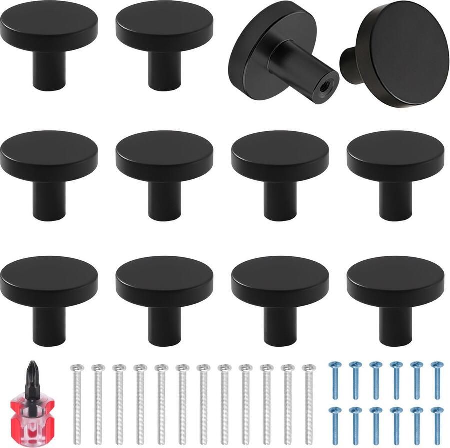 Inovra Set van 12 Moderne Zwarte Ronde Kast- en Deurknoppen met Schroeven