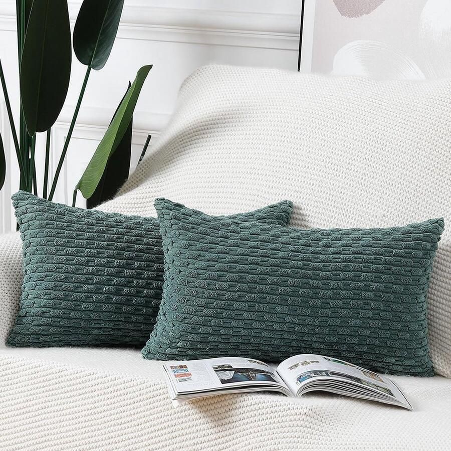 Inovra Set van 2 Boho Gestreepte Kussenhoezen van Zacht Corduroy voor Slaapkamer en Bank Donkergroen