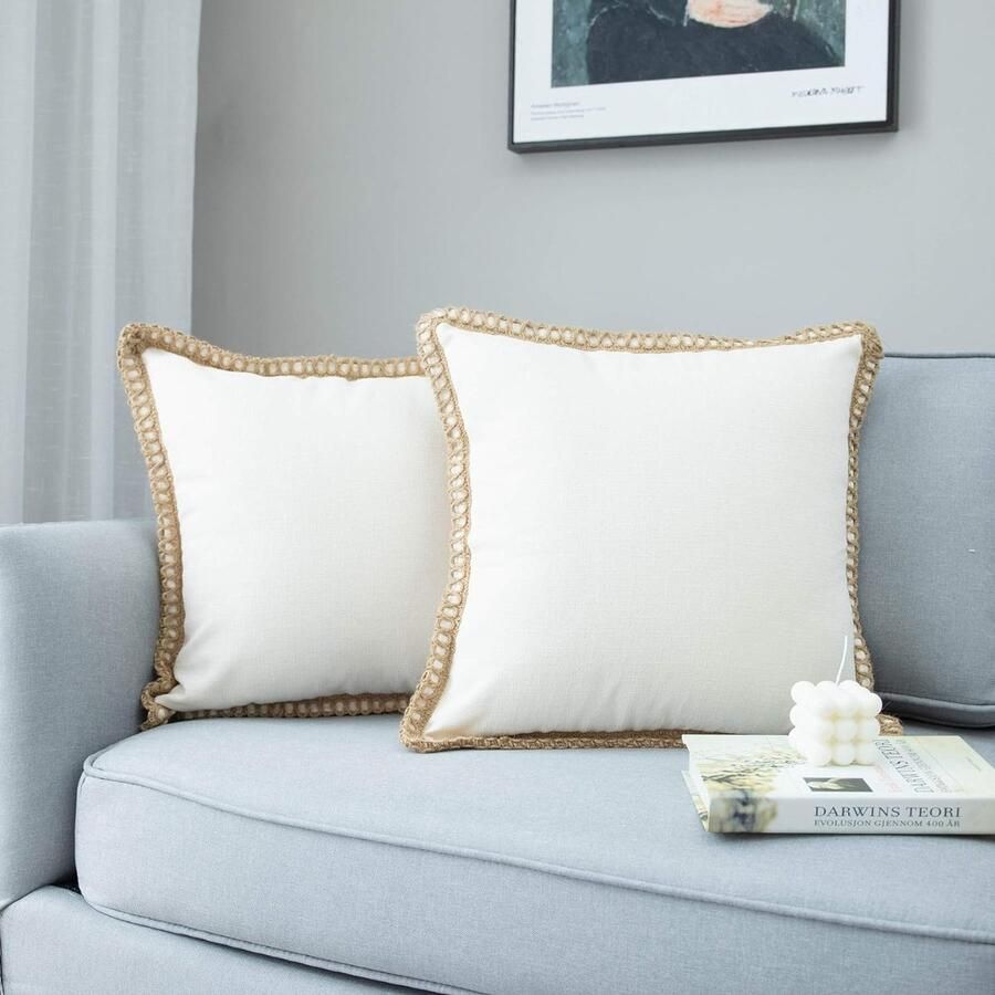 Inovra Set van 2 decoratieve kussenhoezen in boerderijstijl met linnen afwerking zachte kussenhoes vierkante kussenhoezen decoratief kussen bankkussen voor woonkamer bank slaapkamer auto beige 45 x 45 cm