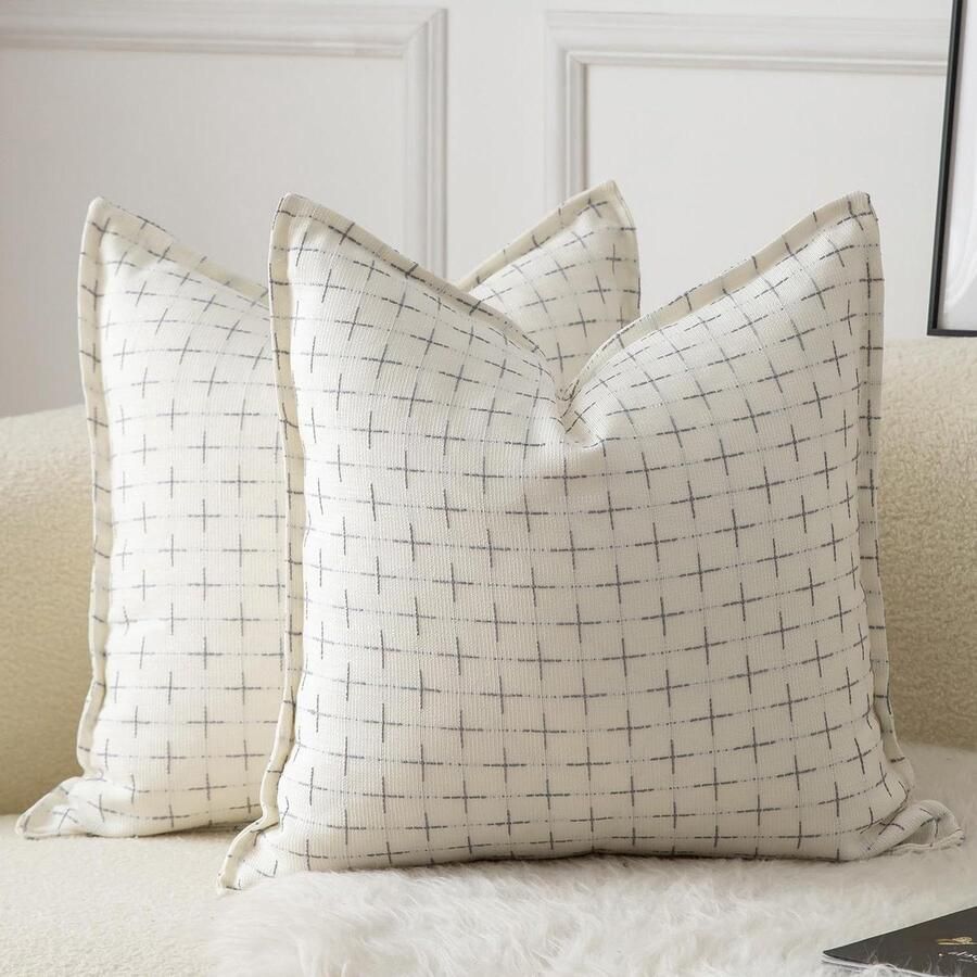 Inovra Set van 2 Jute Linnen Kussenhoezen Geweven Textuur Moderne Boerderij Sierkussenhoezen voor Woonkamer Bank Slaapkamer Wit 45x45cm