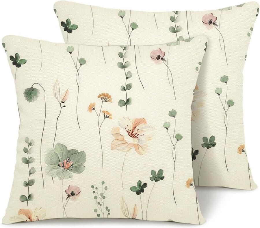 Inovra Set van 2 kussenhoezen 40 x 40 cm met waterverf bloemen Decoratieve kussenhoezen voor bank slaapkamer woonkamer en buiten
