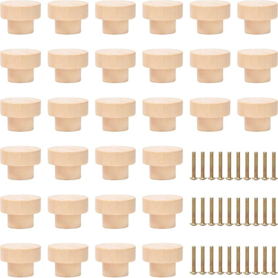 Inovra Set van 30 Houten Meubelknoppen voor Kasten Laden en Meer Met Bevestigingsschroeven