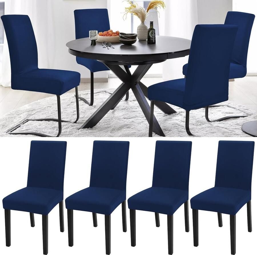 Inovra Set van 4 Elegante Stoelhoezen voor Eetkamerstoelen in Navy Blauw