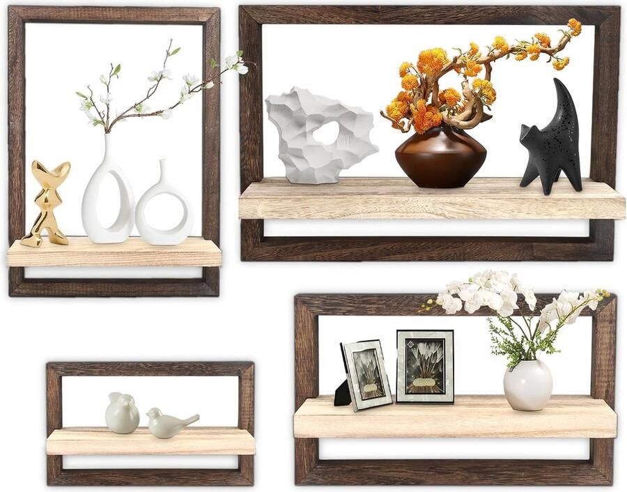 Inovra Set van 4 Houten Wandplanken voor Decoratie en Opslag in Huiselijke Stijl