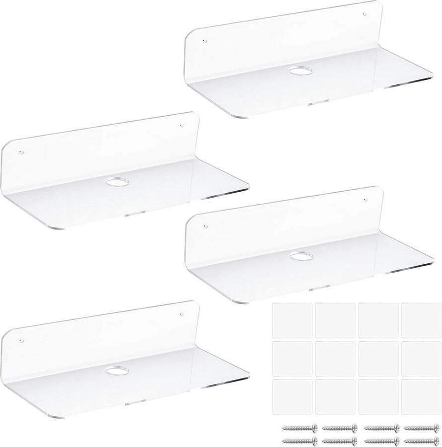Inovra Set van Vier Zwevende Wandplanken Transparante Acryl Planken Zonder Boren voor Verschillende Ruimtes