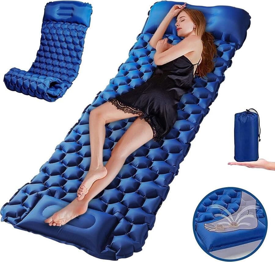 Inovra Slaapmat voor buiten luchtmatras zelfopblazend met voetpomp 200 cm ultralichte opblaasbare slaapmat kamperen waterdichte opvouwbare kampeermatras voor wandelen reizen strand