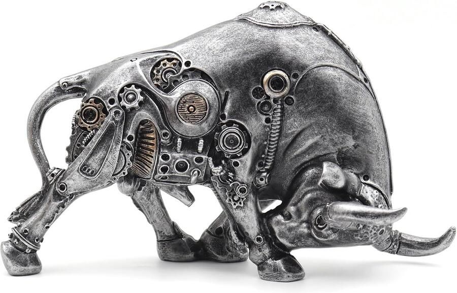 Inovra Stierdecoratie mechanisch Wall Street-stierharsbeeld financieel makelaargeschenk decoratieve figuren modern decoratie voor woonkamer slaapkamer studeerkamer wijnkast kantoor (zilver)