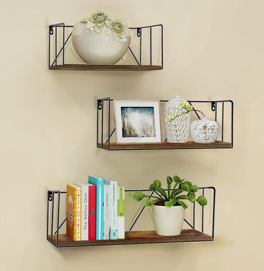 Inovra Stijlvolle 3-Delige Wandplankenset van Hout en Metaal voor Elke Ruimte in Huis