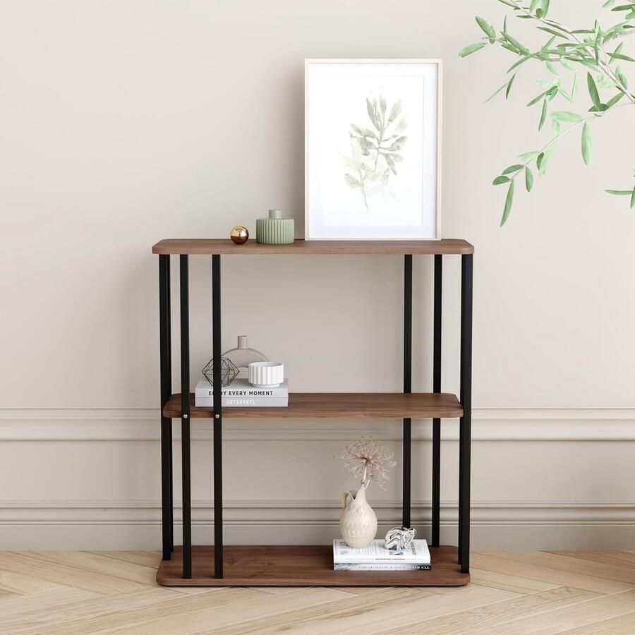 Inovra Stijlvolle Houten Bijzettafel met Drie Niveaus en Industrieel Ontwerp voor Woonkamer en Slaapkamer