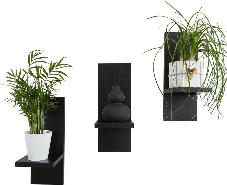 Inovra Stijlvolle Houten Wandplanken Set van 3 voor Planten en Decoratie in Zwart