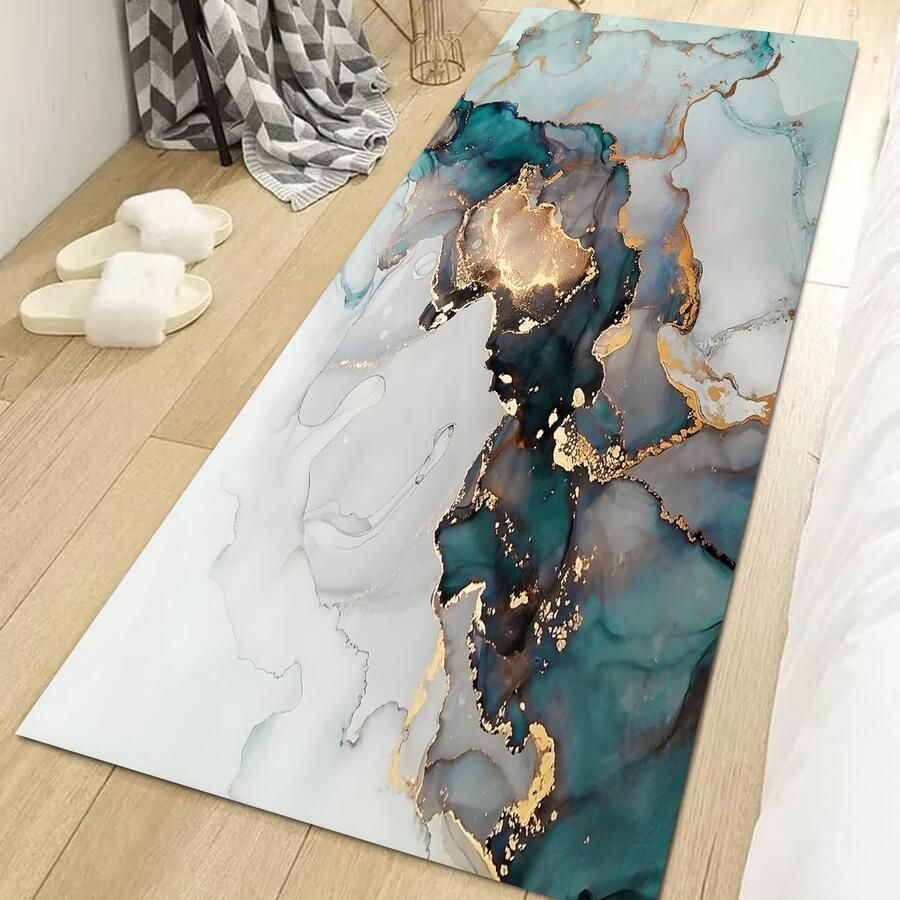 Inovra Stijlvolle Turquoise en Gouden Marmerpatroon Vloerkleed voor Moderne Interieurs