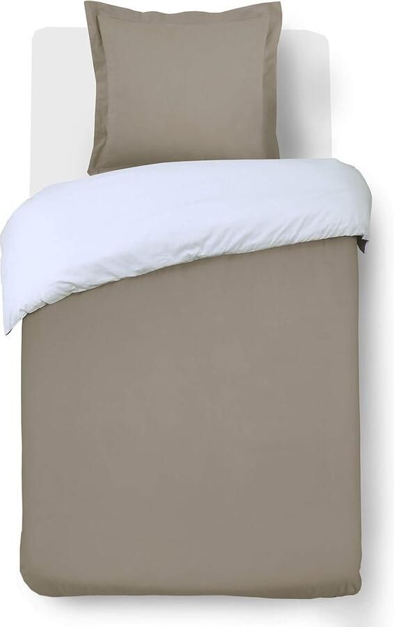 Inovra Stijlvolle Tweezijdige Taupe Witte Dekbedovertrekset van 100% Katoen voor Eenpersoonsbed
