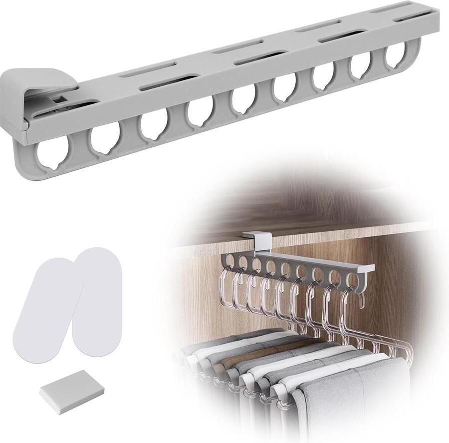 Inovra Uittrekbare Kledingstang met 9 Ophangmogelijkheden voor Optimaal Ruimtegebruik in Kast en Opslag
