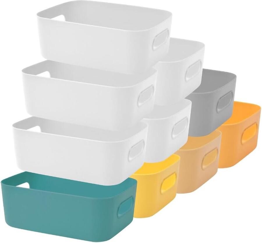 Inovra Verpakking van 10 plastic opbergdozen stapelbare opbergorganizermanden met handgrepen voor keuken kast kantoor badkamer speelgoed thuis. Opgeruimde open opbergbakken met handgrepen