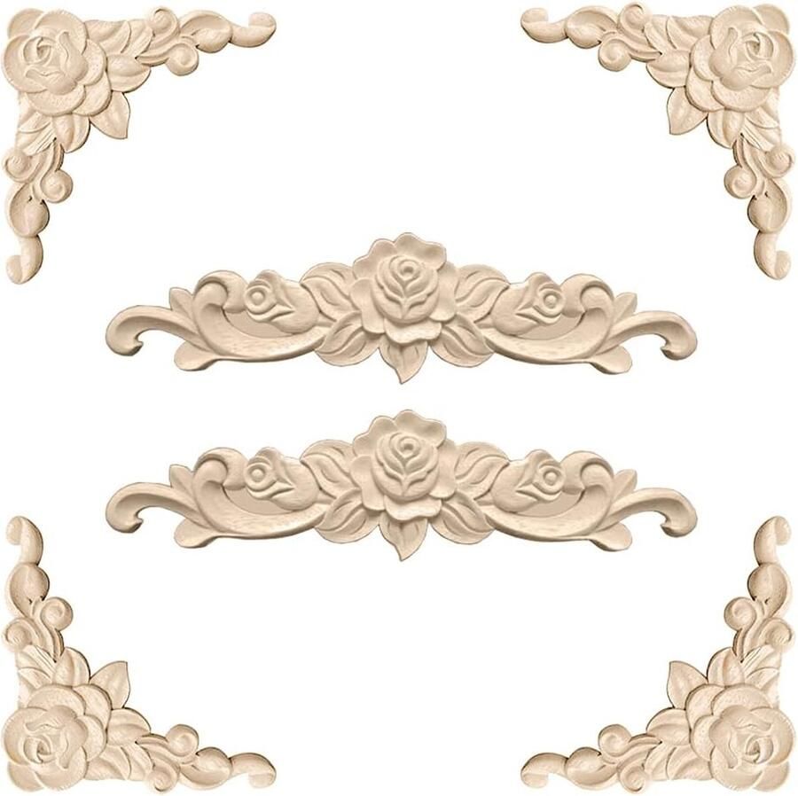 Inovra Vintage Houten Ornamenten Set voor Meubels en Decoratie 6 Delig Roos Design