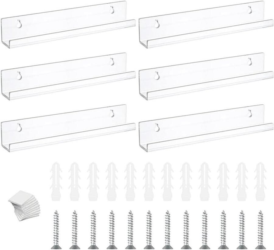 Set van 6 vinylplaten wandrek met wandhouder Acryl Wandmontage 305 x 43 x 45 cm Voor platen en foto's Inclusief schroeven