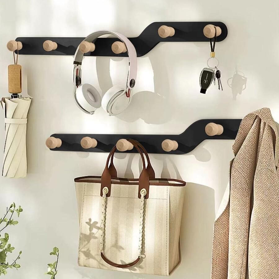 Inovra Zelfklevende Houten Kapstokhaken Set van 2 Voor Deur en Wand Zwart