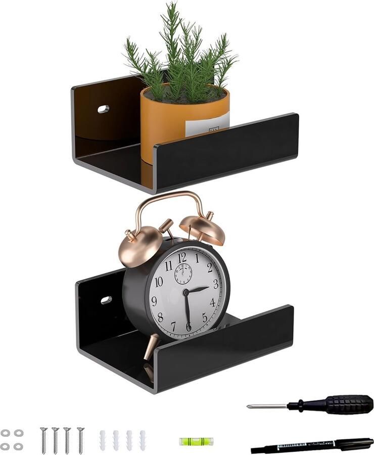 Inovra Zwarte Acryl Wandplanken voor Stijlvolle Interieurdecoratie Set van 2 Multifunctionele Display Planken