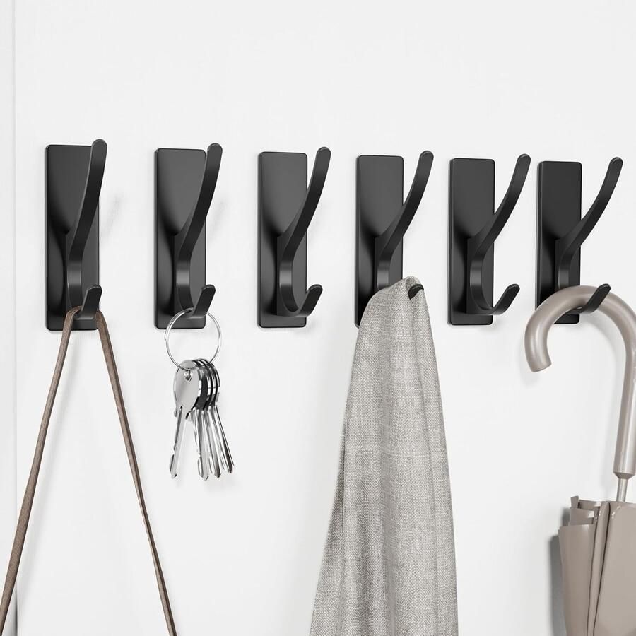 Inovra Zwarte klevende haken extra sterk: haken zonder boren Houdt tot 6 kg vast – Verpakking van 6 roestvrije metalen kledinghaken