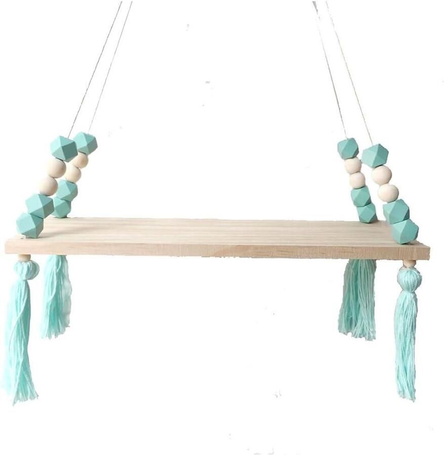 Allecto Plus Zwevend wandrek met macramé en hangrek voor badkamer woonkamer slaapkamer kinderkamer houten wanddecoratie groen met kralen en kwastjes decoratief houten standaard