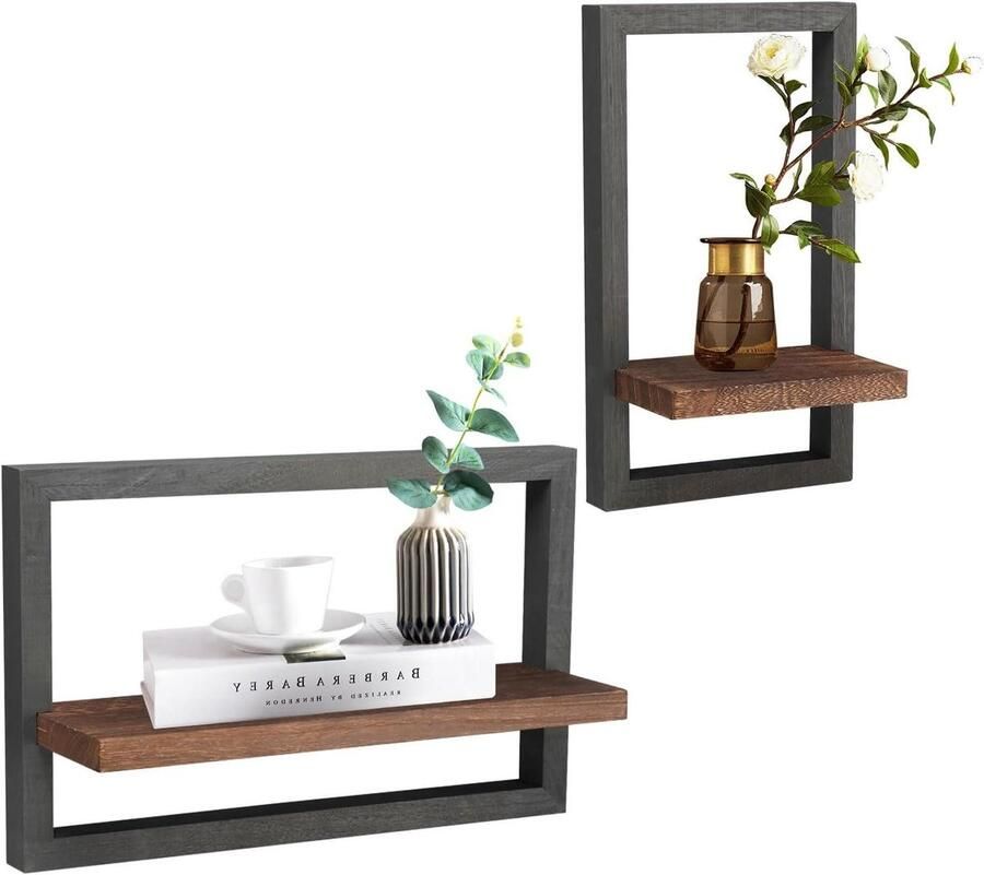 Inovra Zwevende houten wandplanken set voor wanddecoratie en boekenkast muurplanken voor slaapkamer en woonkamer in zwart en bruin Set van 2 planken