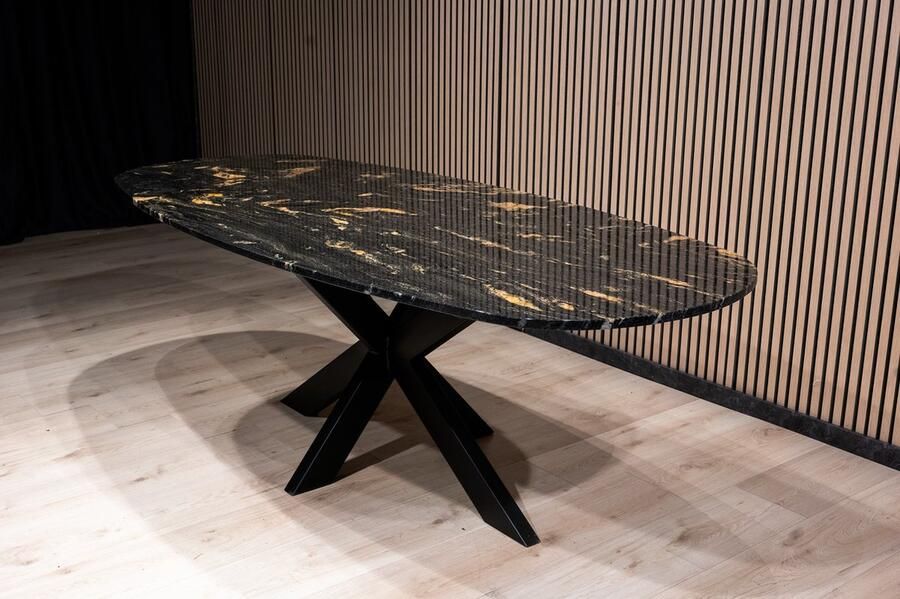 Inrichting op maat Blue Roma kwartsiet eettafel Deens ovaal 240x100 cm luxe natuurstenen tafel marmer design grote eettafel voor 8-10 personen duurzaam blauwgrijze tafel met gouden accenten -moderne ovale eetkamertafel-uniek kwartsiet meubel - Foto 2