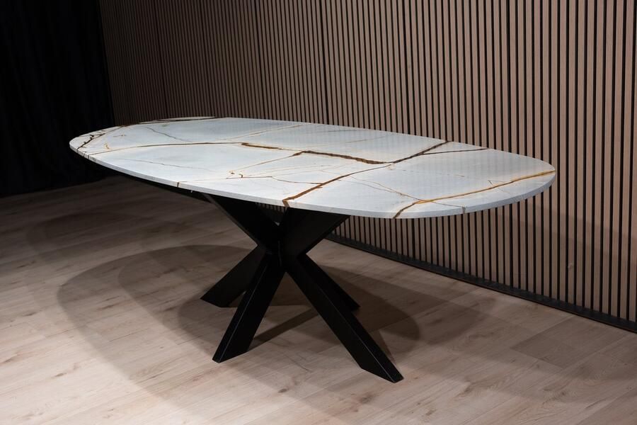 Inrichting op maat Blue Roma kwartsiet eettafel Deens ovaal 240x100 cm luxe natuurstenen tafel marmer design grote eettafel voor 8-10 personen duurzaam blauwgrijze tafel met gouden accenten -moderne ovale eetkamertafel-uniek kwartsiet meubel