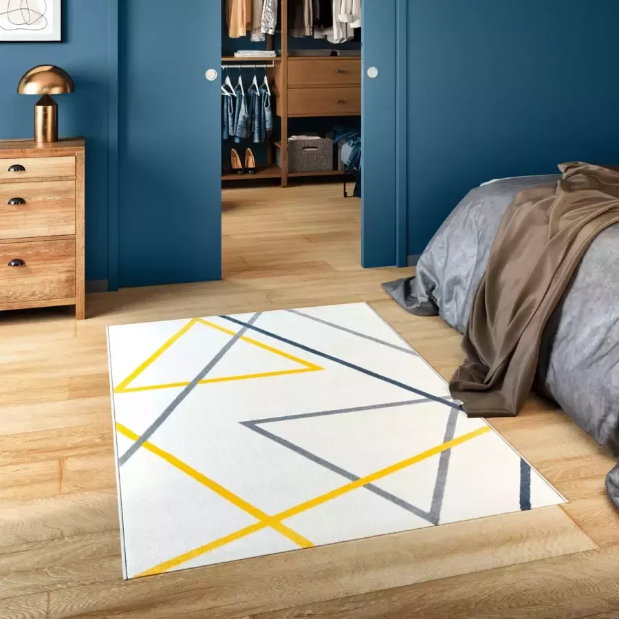 Inspire Rechthoekig vloerkleed LUCIE grijs geel met geometrisch patroon slaapkamertapijt woonkamertapijt laagpolig tapijt zacht 1500g m² 9 mm x B.160 cm x L.230 cm