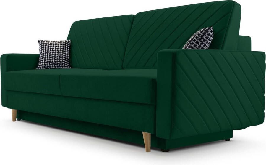 InspireME 3-zitsbank van Velvet voor woonkamer slaapbank sofa met slaapfunctie en opbergruimte moderne bank 3-zits 230x100x80 Slaapbank CALIFORNIA Fuego 162 Donkergroen