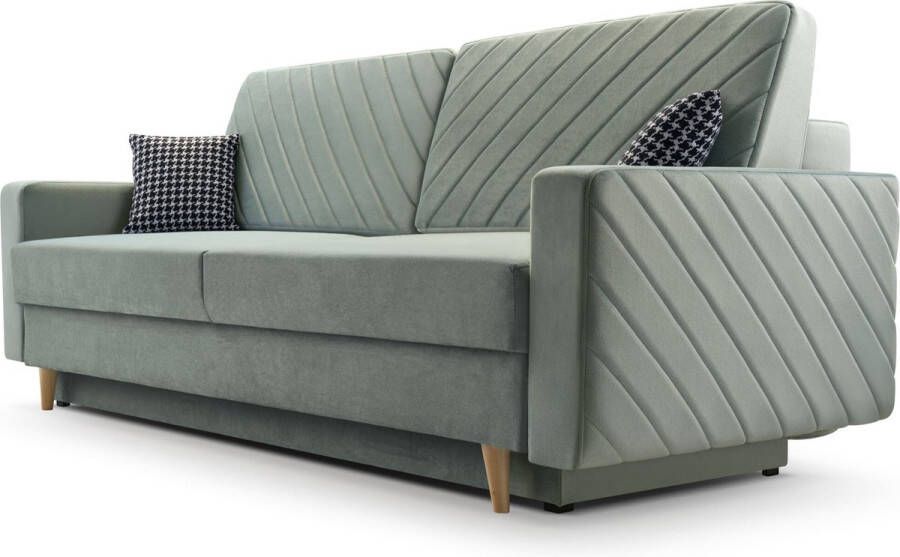 InspireME 3-zitsbank van Velvet voor woonkamer slaapbank sofa met slaapfunctie en opbergruimte moderne bank 3-zits 230x100x80 Slaapbank CALIFORNIA Fuego 164 Mintgroen