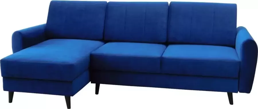 InspireME 3-zitsbank van Velvet voor woonkamer Zithoek hoekbank met slaapfunctie en opbergruimte voor woonkame 240x140x90 cm 207x142cm -DEILA (Ottomaan vooraanzicht links Donkerblauw)