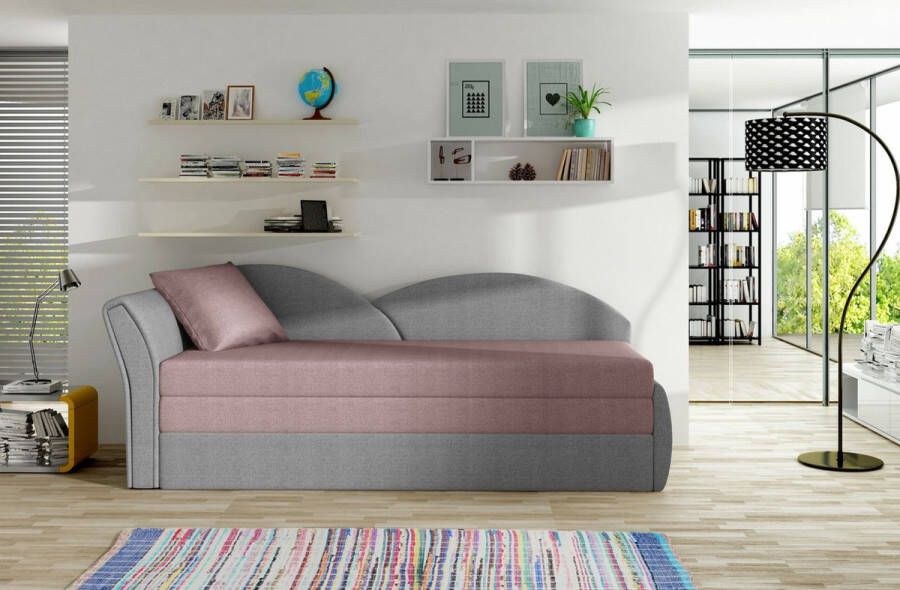 InspireME -3-zitsbank voor woonkamer slaapbank sofa met slaapfunctie moderne bank 3-zits 218x80x77 cm 180x150cm ARGEA (Ottomaan vooraanzicht Links Rosa + Grijs (Malmo 61+Malmo 90))