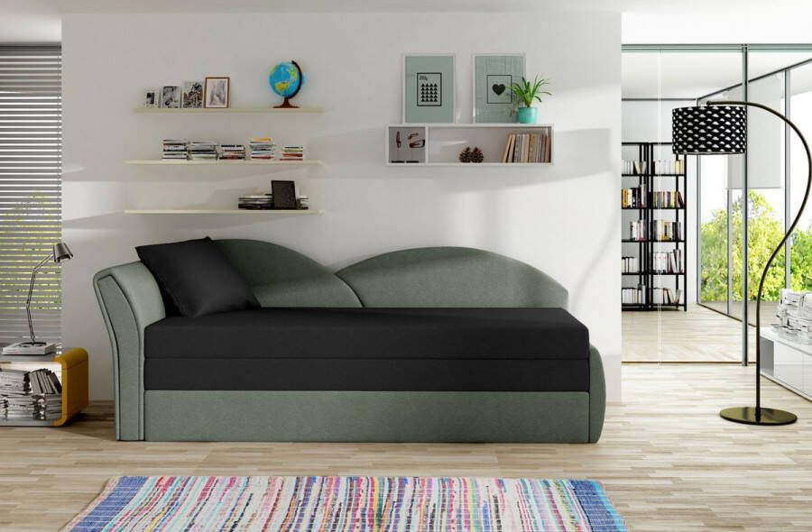 InspireME -3-zitsbank voor woonkamer slaapbank sofa met slaapfunctie moderne bank 3-zits 218x80x77 cm 180x150cm ARGEA (Ottomaan vooraanzicht Links Zwart + Khaki (Alova 04+Alova 10))