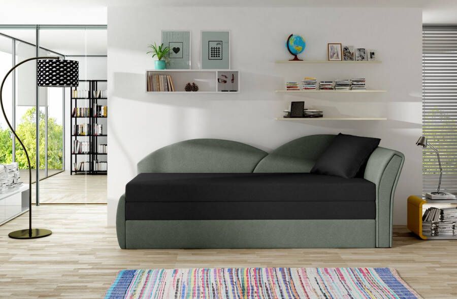 InspireME -3-zitsbank voor woonkamer slaapbank sofa met slaapfunctie moderne bank 3-zits 218x80x77 cm 180x150cm ARGEA (Ottomaan vooraanzicht Rechts Zwart + Khaki (Alova 04+Alova 10))