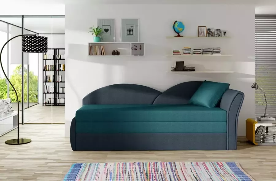 InspireME -3-zitsbank voor woonkamer slaapbank sofa met slaapfunctie moderne bank 3-zits 218x80x77 cm 180x150cm ARGEA (Ottomaan vooraanzicht Rechts Turkoois + Donkerblauw (Malmo85+Malmo81))