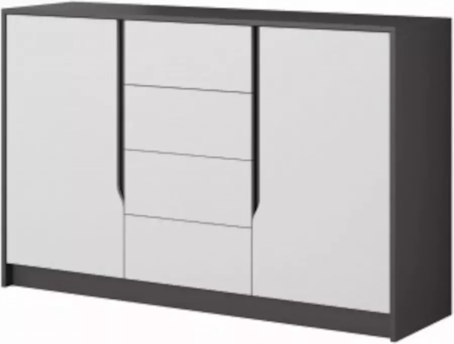 InspireME Dressoir Commode Kast 2 deuren + 4 lades Breedte 138 cm Hoogte 92 cm Diepte 42 cm SOFTY (Mat wit + Grafietgrijs)