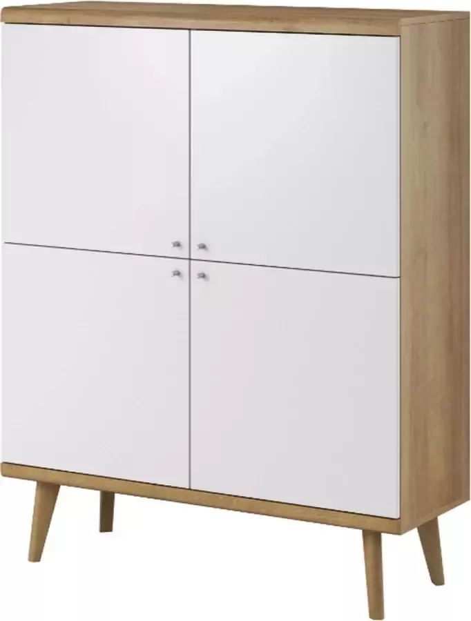 InspireME Dressoir Commode Kast 4 deuren ( Breedte: 134 cm Diepte: 40 cm Hoogte: 107 cm) RUBIN RK107 (Riviera eiken+Wit)