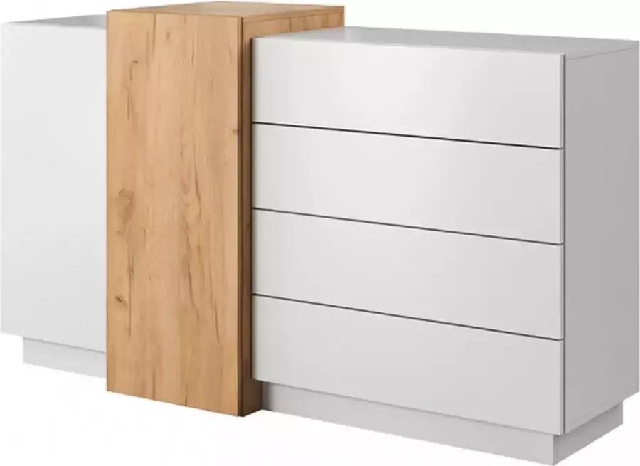 InspireME Dressoir Commode Kast 4 Laden 2 Duren (160x45x93.5)- MONET 160 3D (Wit mat + Gouden Craft Eik)