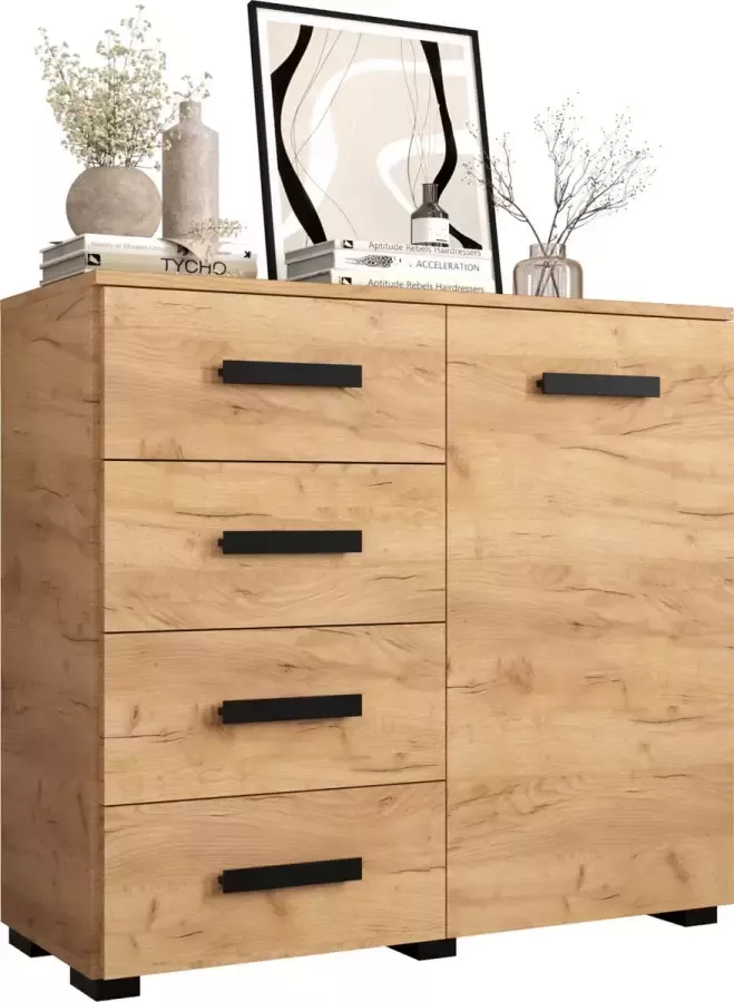 InspireME Dressoir Commode Moderne Ladenkast Kast ( Breedte 100 cm Hoogte 93 cm Diepte 40cm) Berg 100 Artisan Oak+Zwart