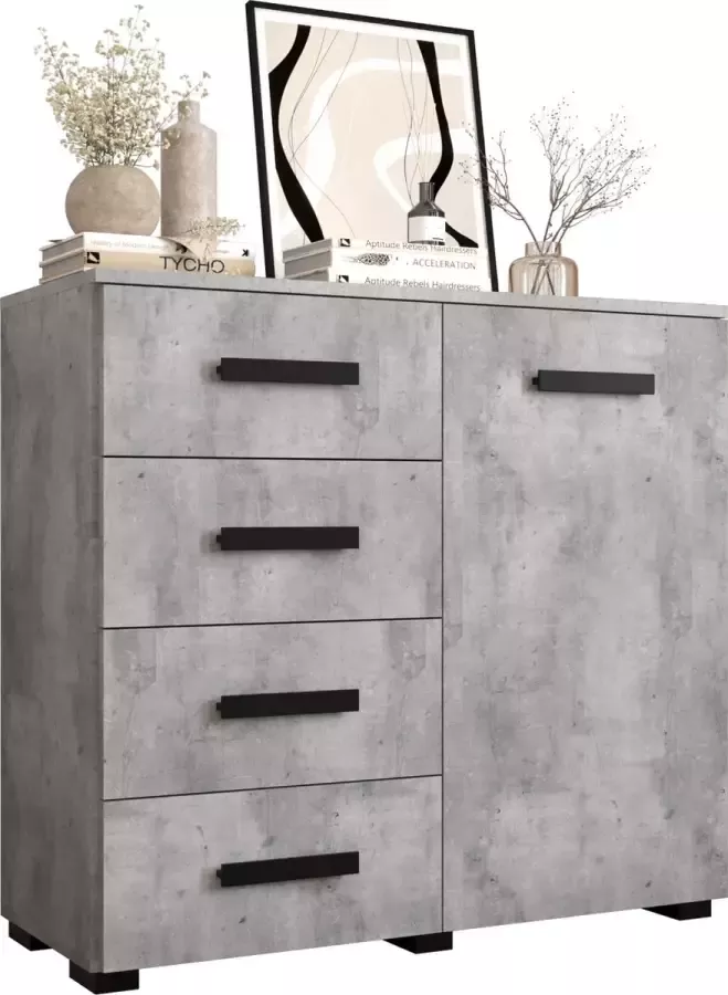 InspireME Dressoir Commode Moderne Ladenkast Kast ( Breedte 100 cm Hoogte 93 cm Diepte 40cm) Berg 100 Concrete+Zwart