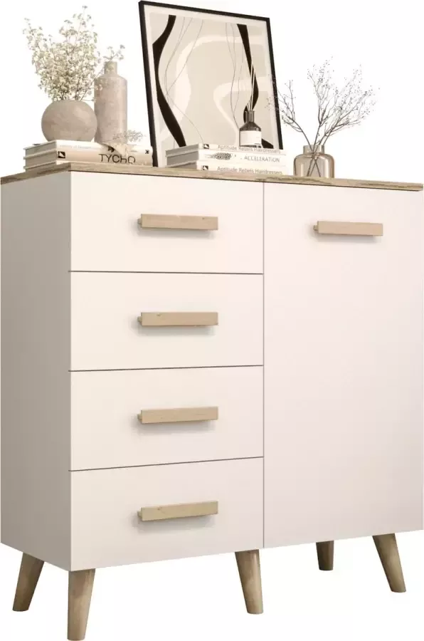 InspireME Dressoir Commode Moderne Ladenkast Kast ( Breedte 100 cm Hoogte 93 cm Diepte 40cm) Skadi 100 Wit mat + Sonoma Oak