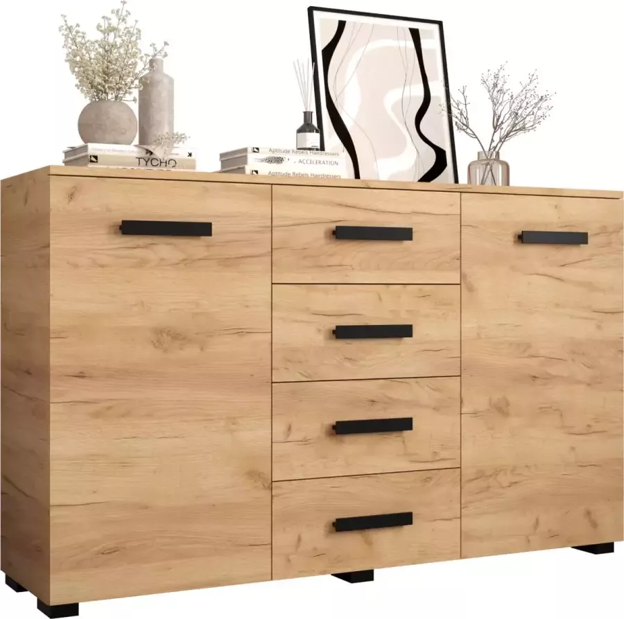 InspireME Dressoir Commode Moderne Ladenkast Kast ( Breedte 150 cm Hoogte 93 cm Diepte 40cm) Berg 150 Eiken Kraft Goud + Zwart