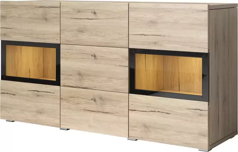 Trendmeubel Dressoir ROSBAR 26 Modern Style 2 deuren met glas 3 lades 132x38.5x70 (San Remo + Zwart)