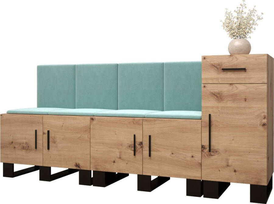InspireME Garderobekast Ganggarderobe Compacte garderobe Vestibule Wandkast Plank Hal & Gang Kast Schoenenkast Gestoffeerde panelen en met een kussen (BxHxD): 210x95x45 6 cm ERNETST 17 Artisan (Mint (Manila 11))