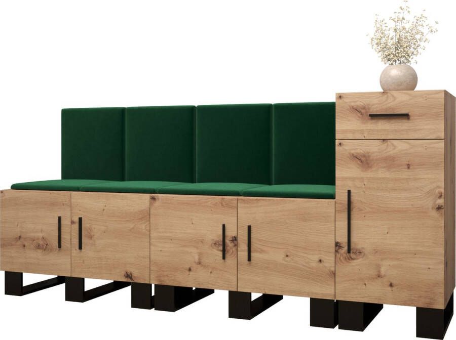 InspireME Garderobekast Ganggarderobe Compacte garderobe Vestibule Wandkast Plank Hal & Gang Kast Schoenenkast Gestoffeerde panelen en met een kussen (BxHxD): 210x95x45 6 cm ERNETST 17 Artisan (Groen (Manilla 35))
