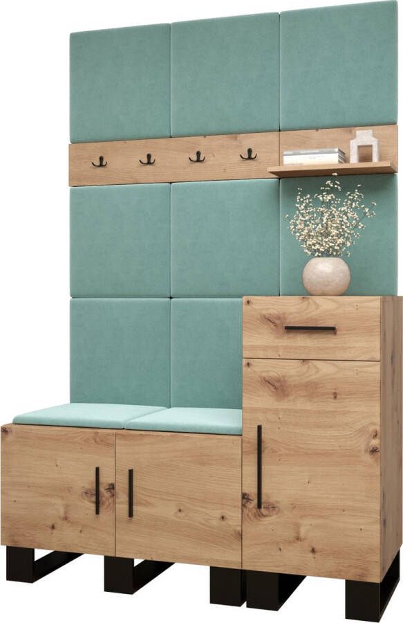 InspireME Garderobekast Ganggarderobe Compacte garderobe Vestibule Wandkast Plank Hal & Gang Kast Schoenenkast Gestoffeerde panelen en met een kussen (BxHxD): 126x196x45 6 cm ERNETST 5 Artisan (Mint (Manila 11))