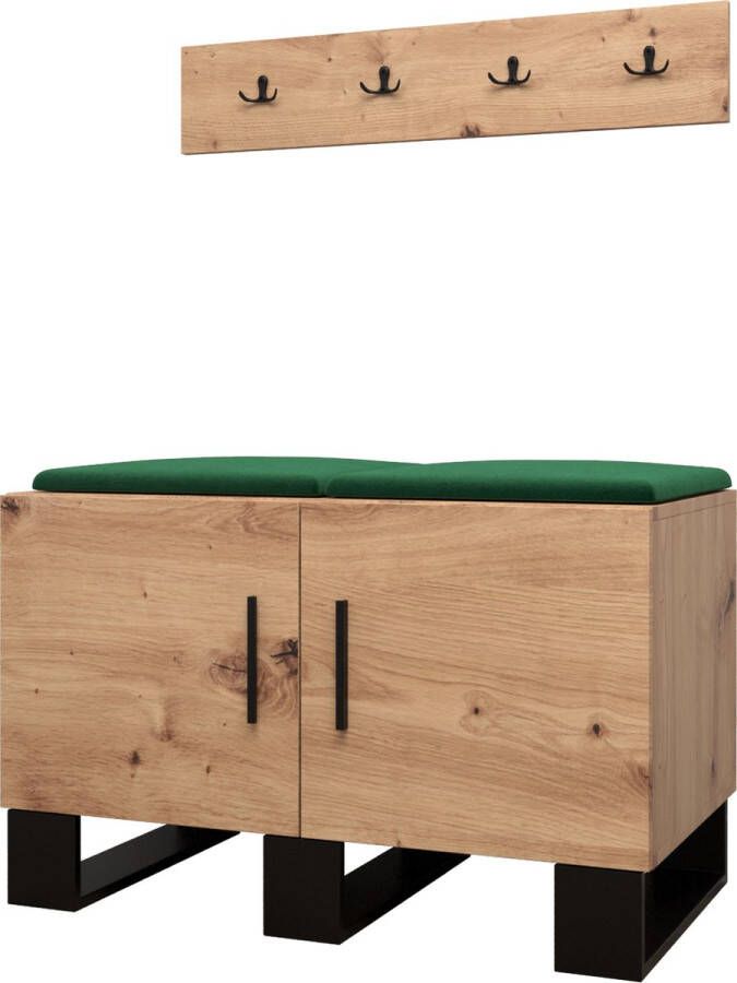 InspireME Garderobekast Ganggarderobe Compacte garderobe Vestibule Wandkast Plank Hal & Gang Kast Schoenenkast Gestoffeerde panelen en met een kussen (BxHxD): 84x52x45 6 cm ERNETST 21 Artisan (Groen (Manilla 35))