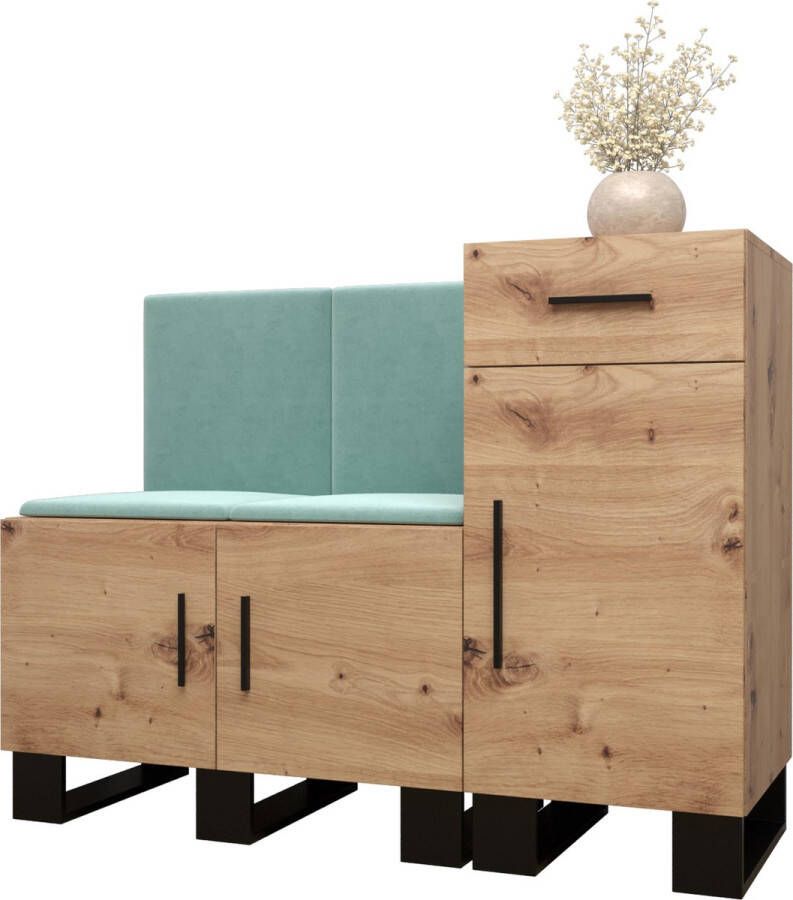 InspireME Garderobekast Ganggarderobe Compacte garderobe Vestibule Wandkast Plank Hal & Gang Kast Schoenenkast Gestoffeerde panelen en met een kussen (BxHxD): 126x95x45 6 cm ERNETST 18 Artisan (Mint (Manila 11))